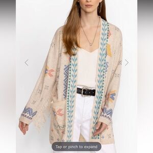 Johnny Was Beige Katie long open Cardigan with Teal Embroidery